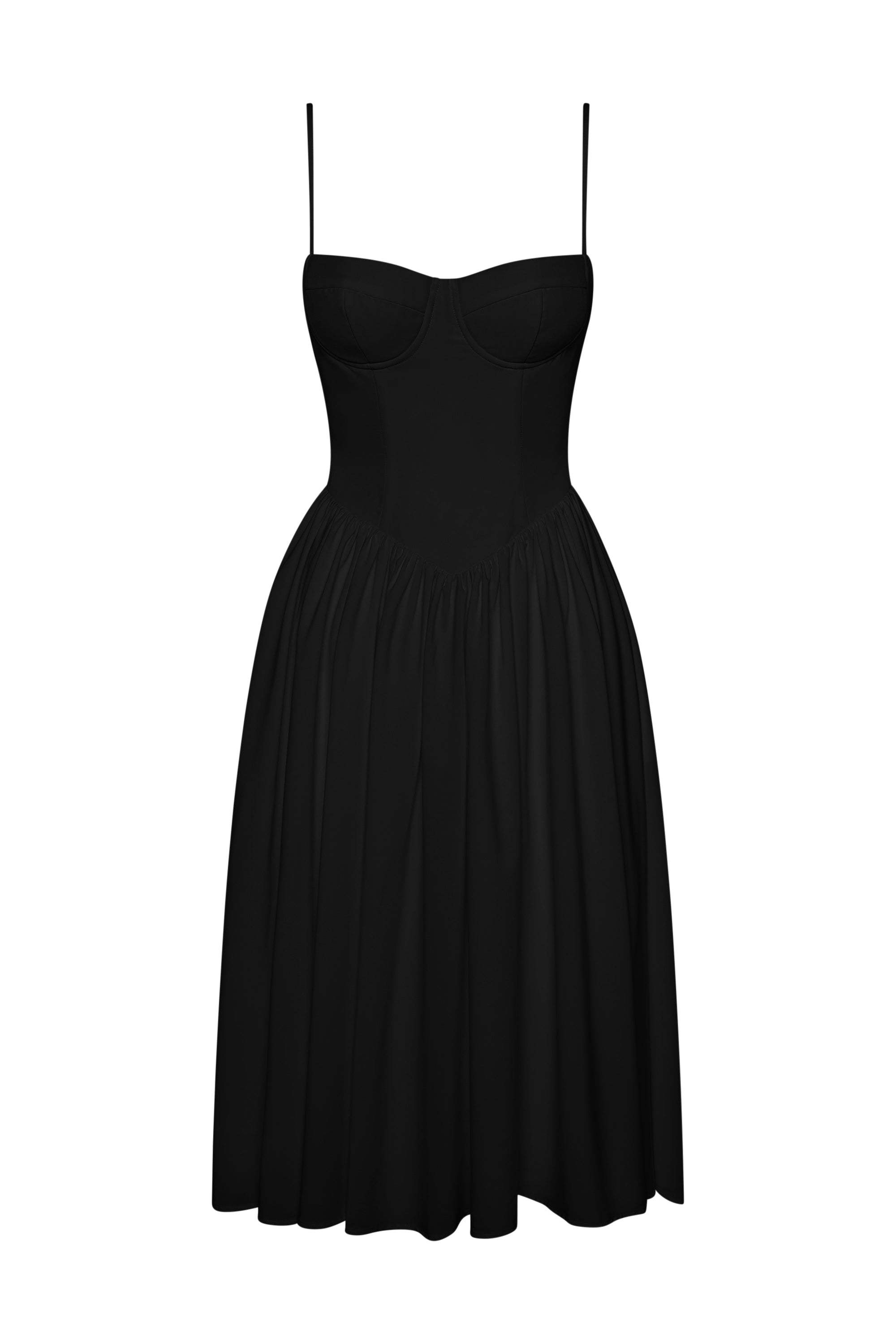 Ballerina Bustier Midi Dress in Black, front view.