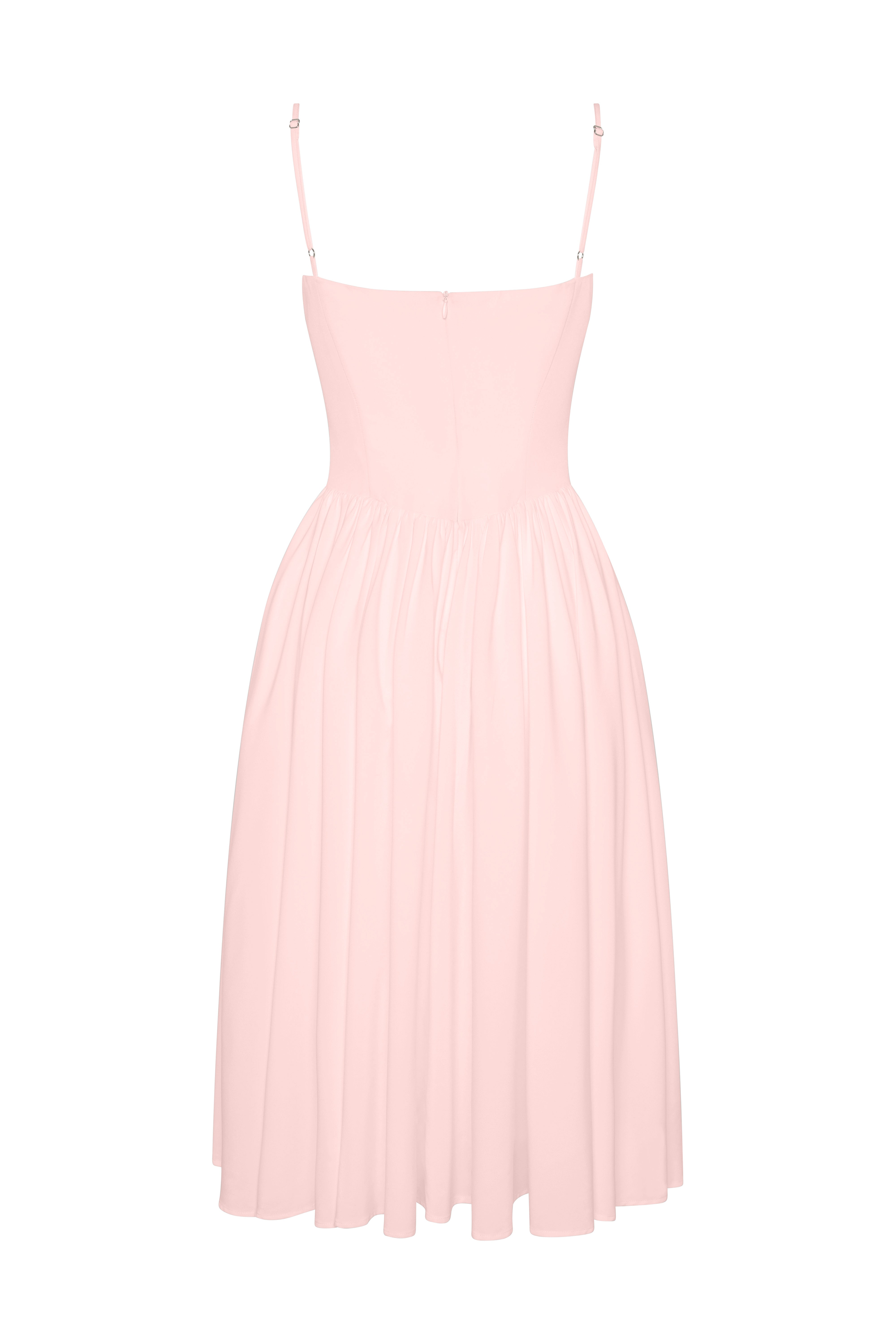 Ballerina Bustier Midi Dress in Pink, back view.