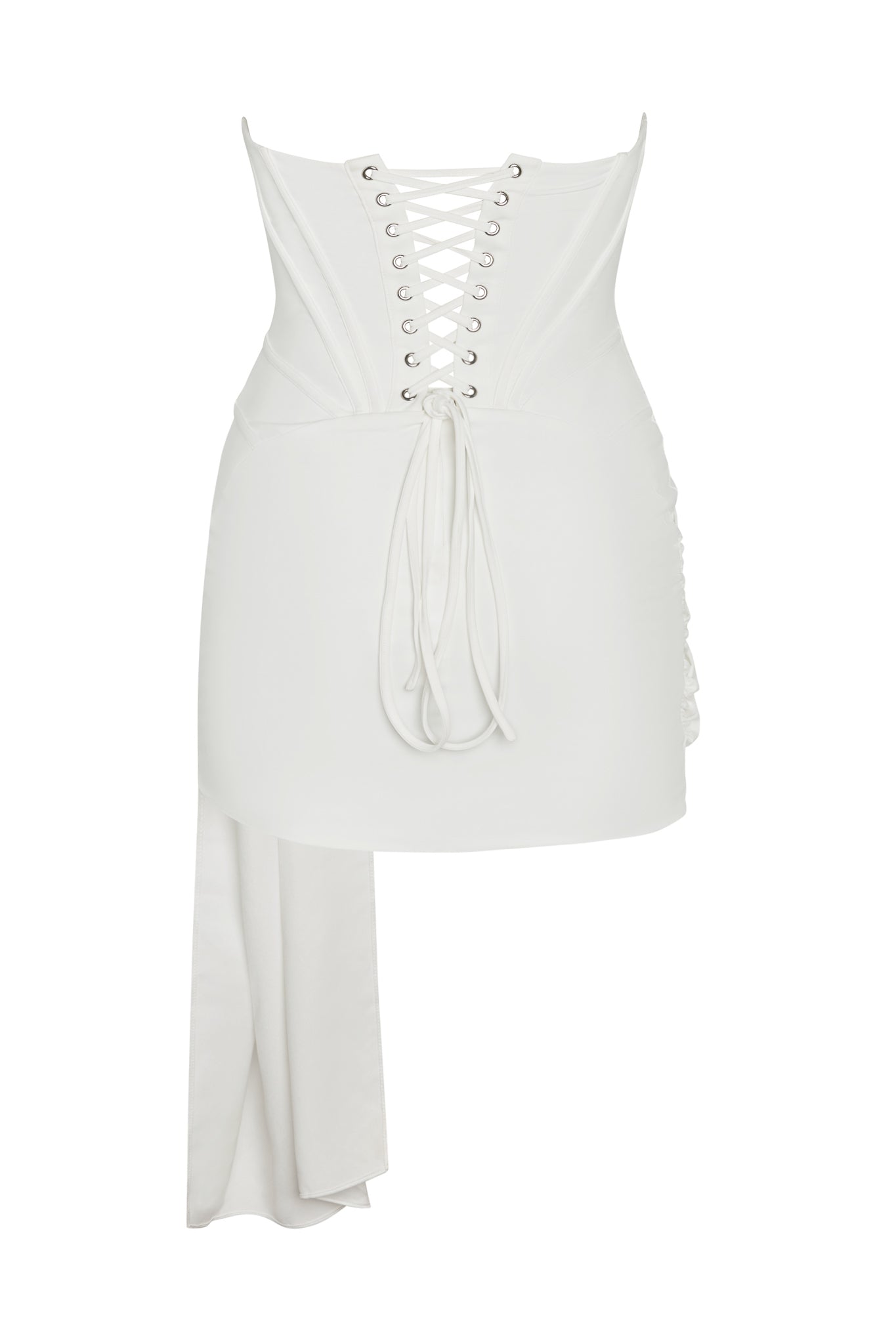 Capri Bustier Corset Draped Mini Dress in White, back view.