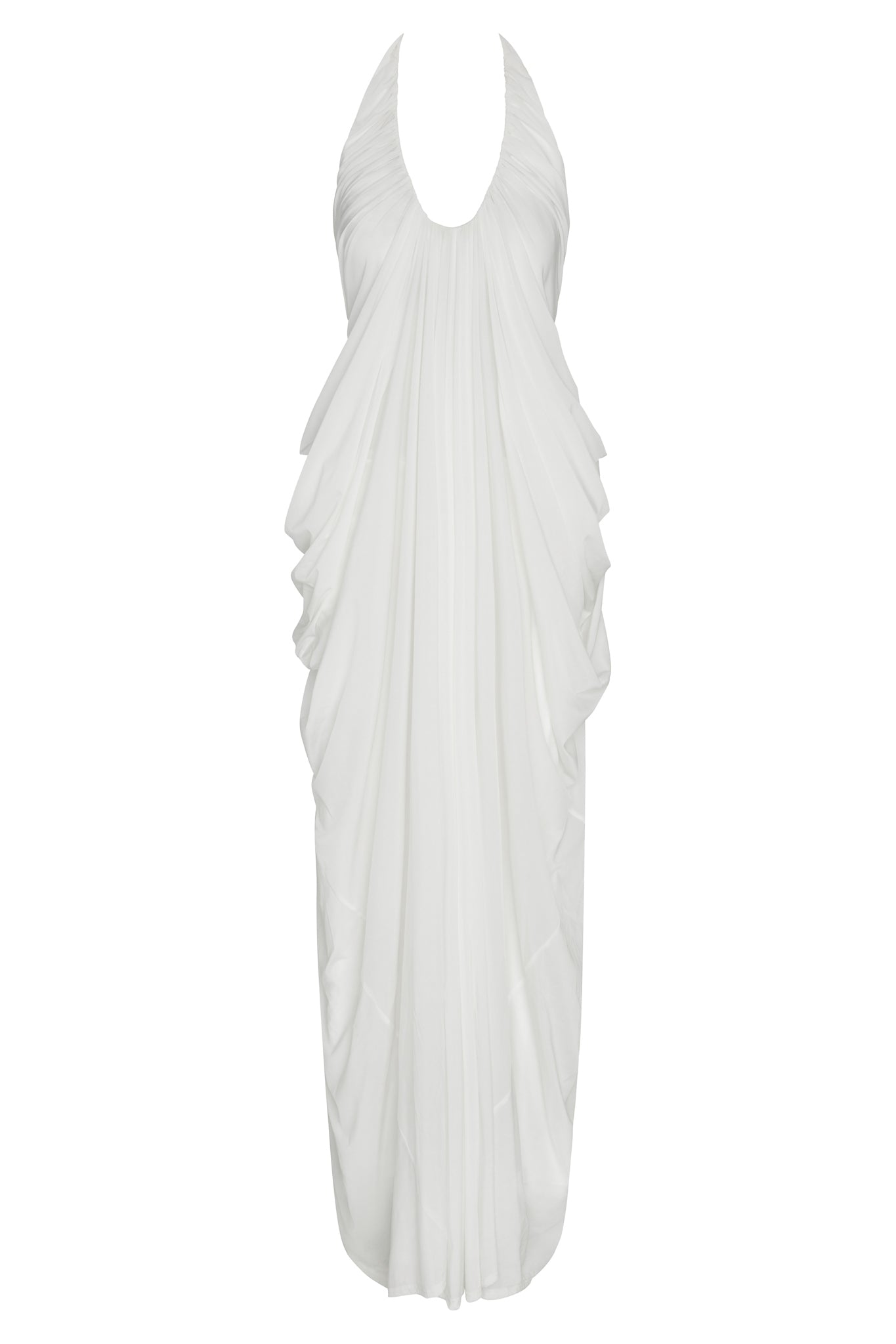 Cascade Drape Gown in White, front view.