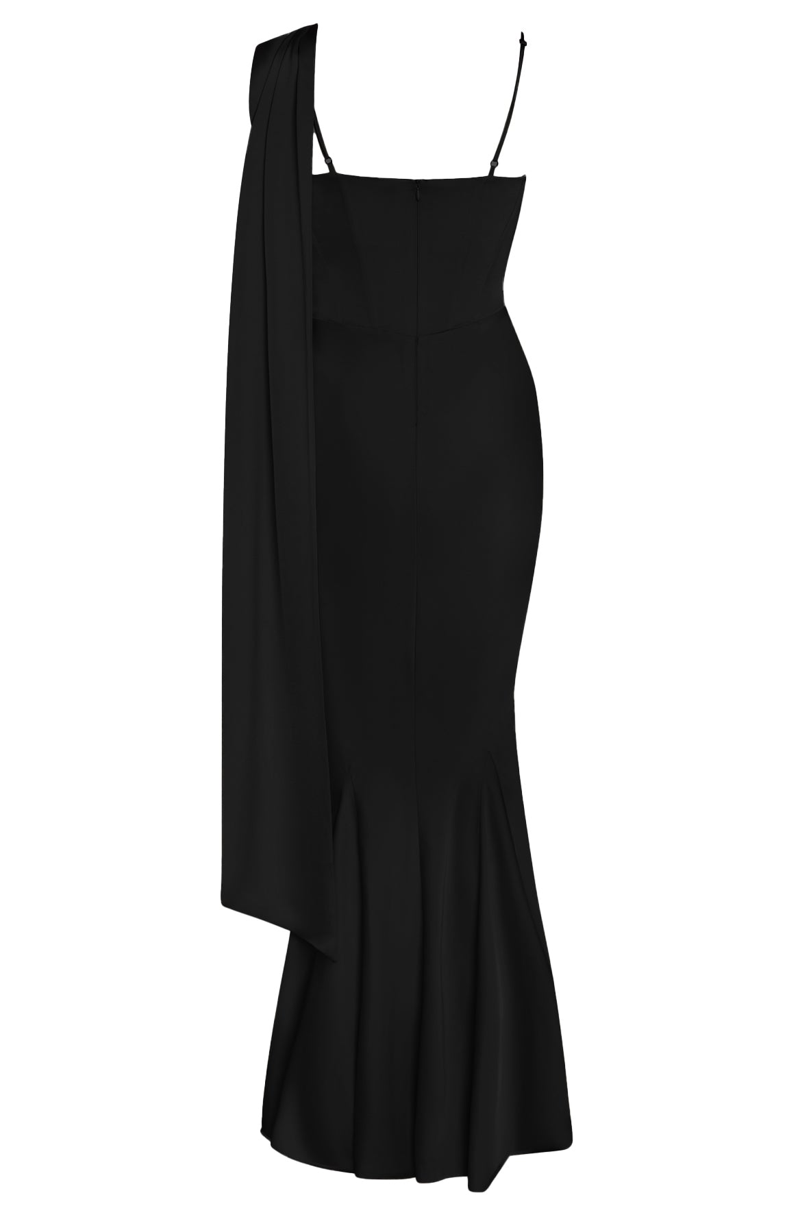 Celine Corset Drape Satin Gown in Black, back view.