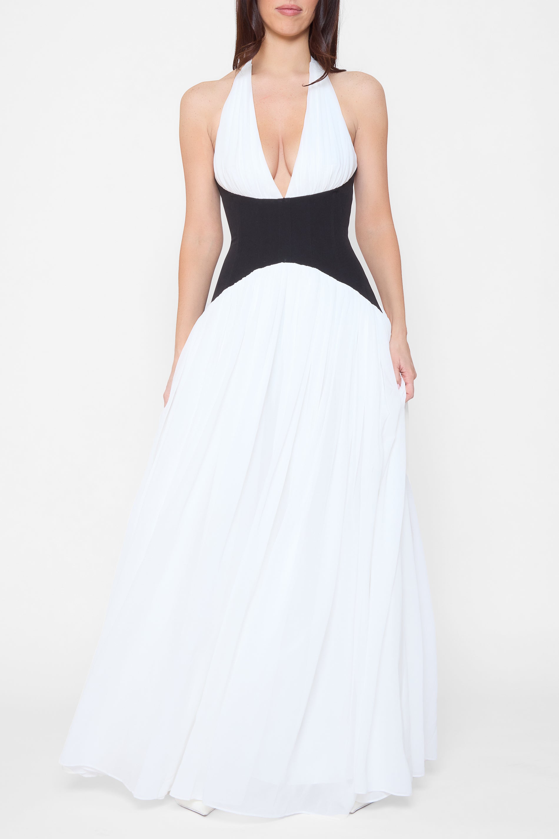 Model wearing Harlowe Contrast Corset Maxi Dress in White, front view.