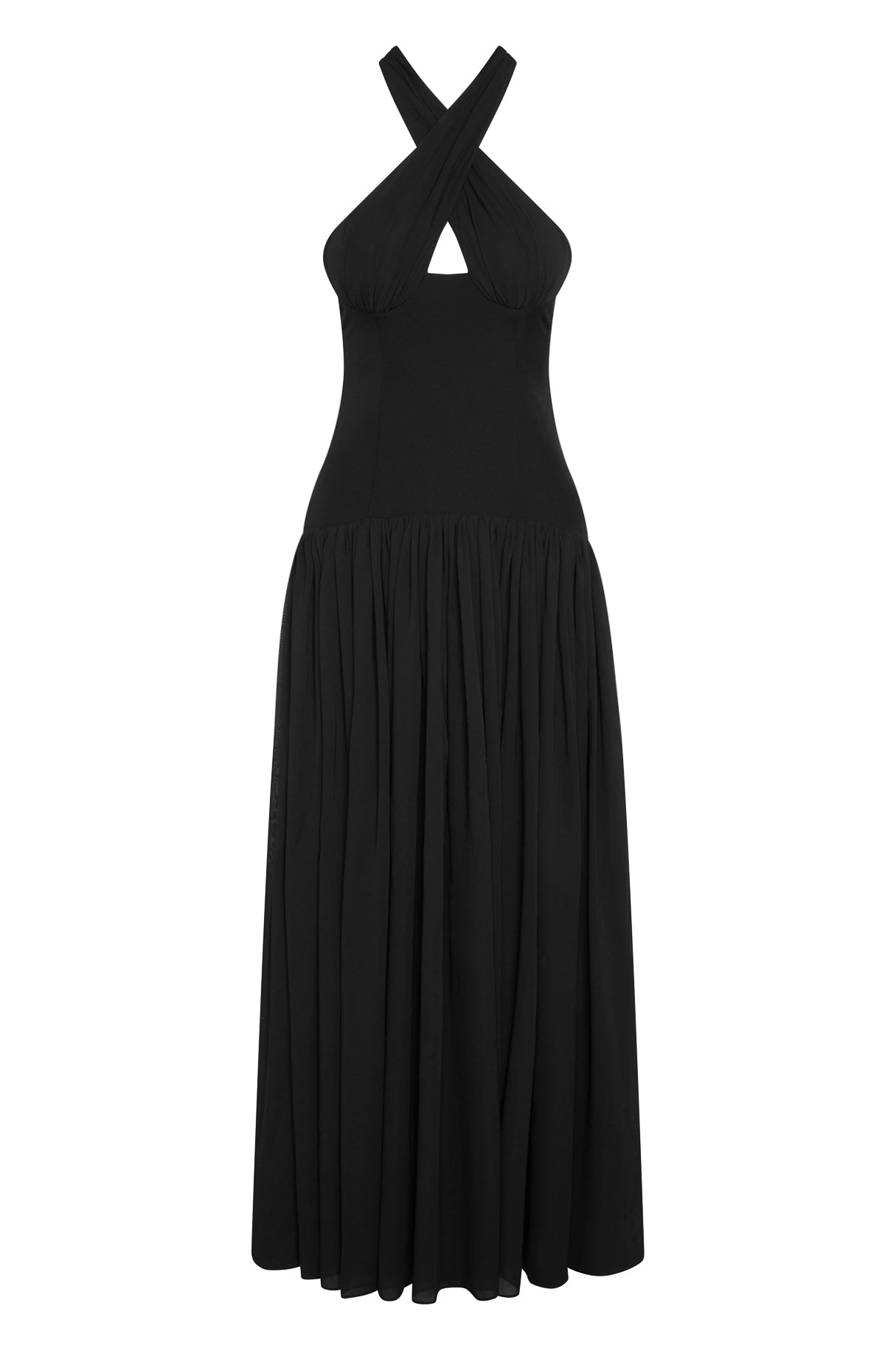 Harmony Halter Corset Maxi Dress in Black, front view.