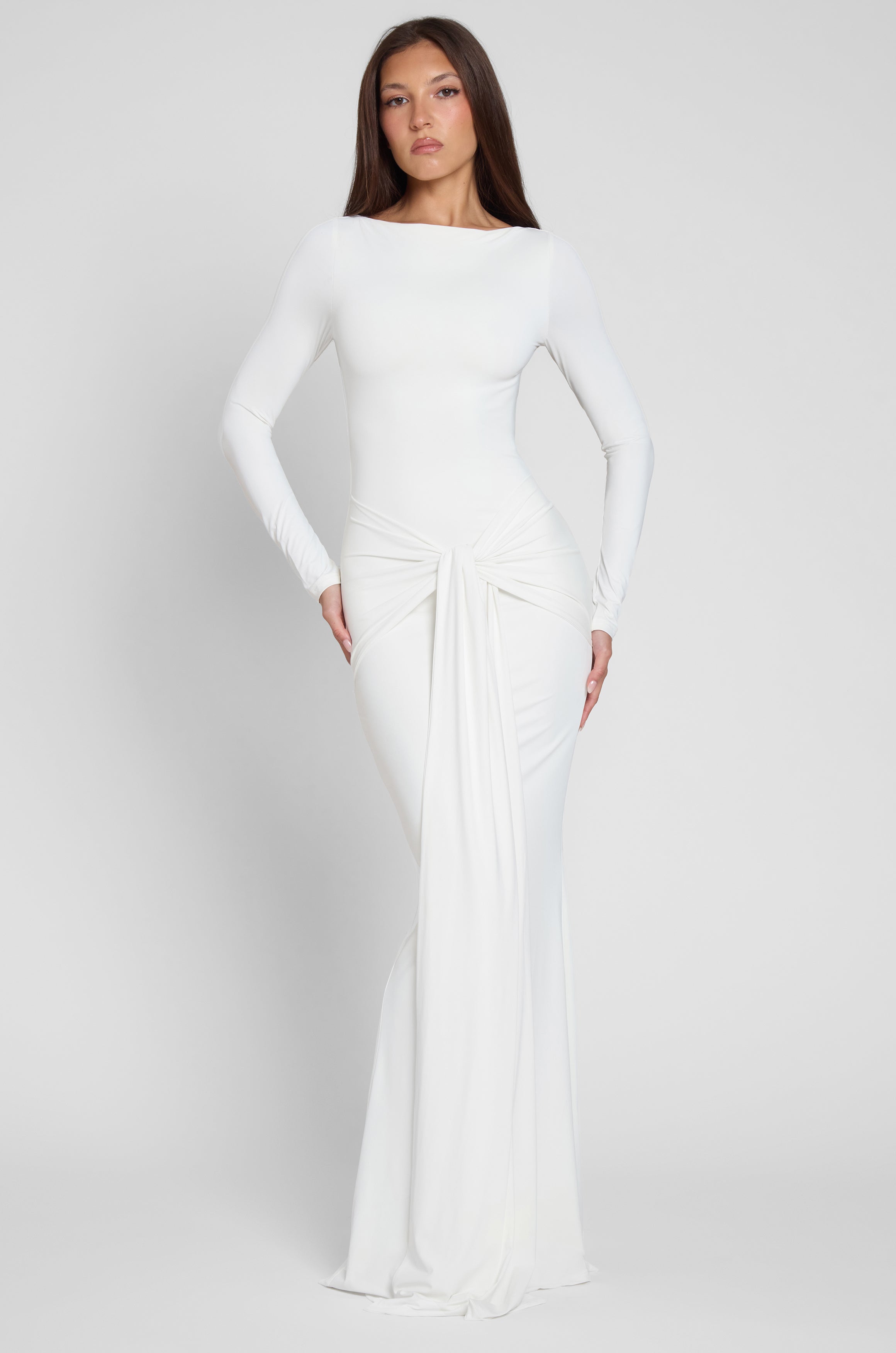 Model is wearing Oasis Knot Maxi Dress in White, front view.