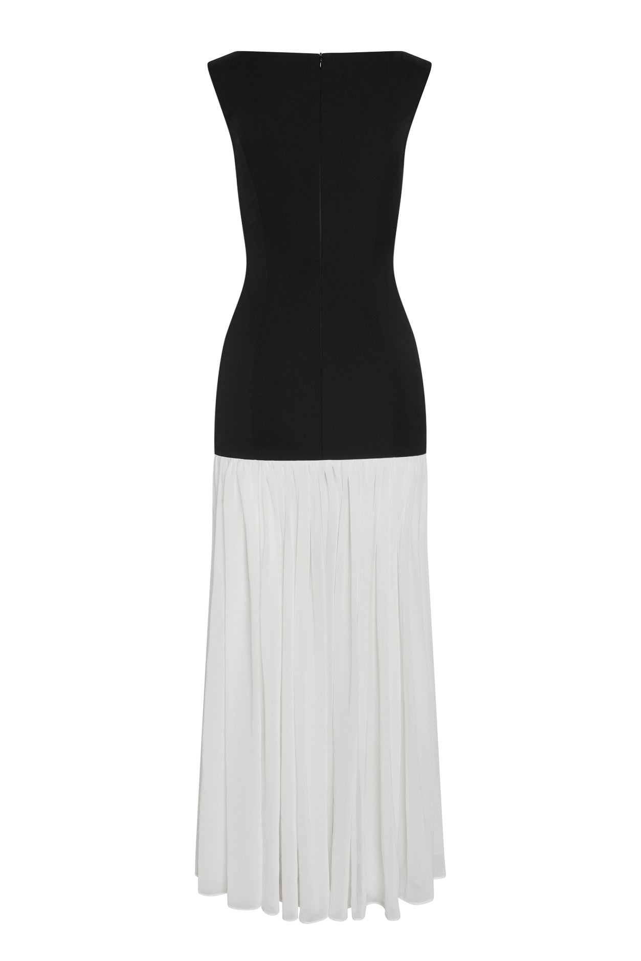 Phantom Contrast Chiffon Maxi Dress in Black/White, back view.