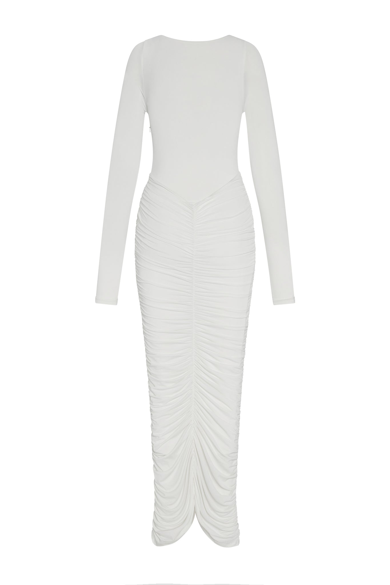 Rhea Ruche Maxi Dress in White, front view.