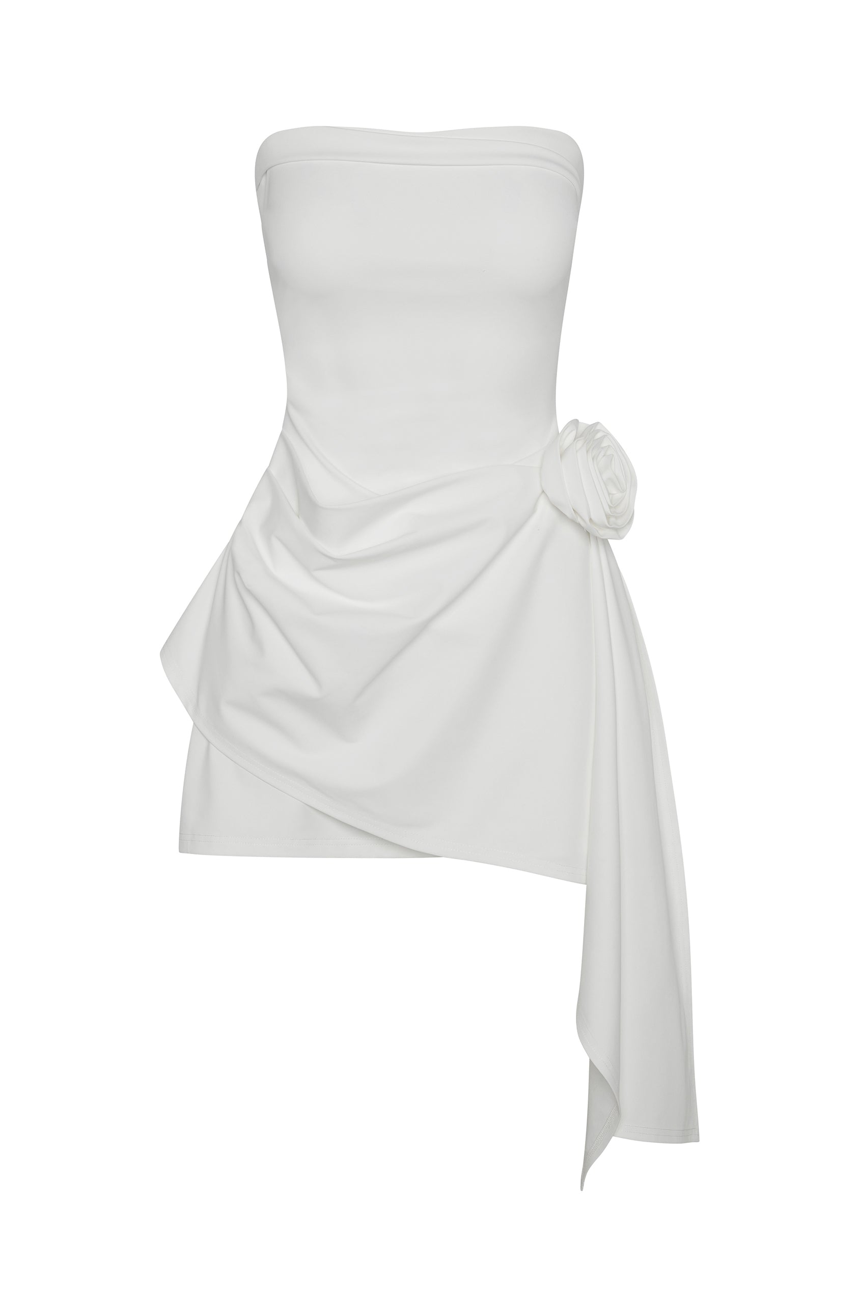 Rosette Strapless Mini Dress in White, front view.