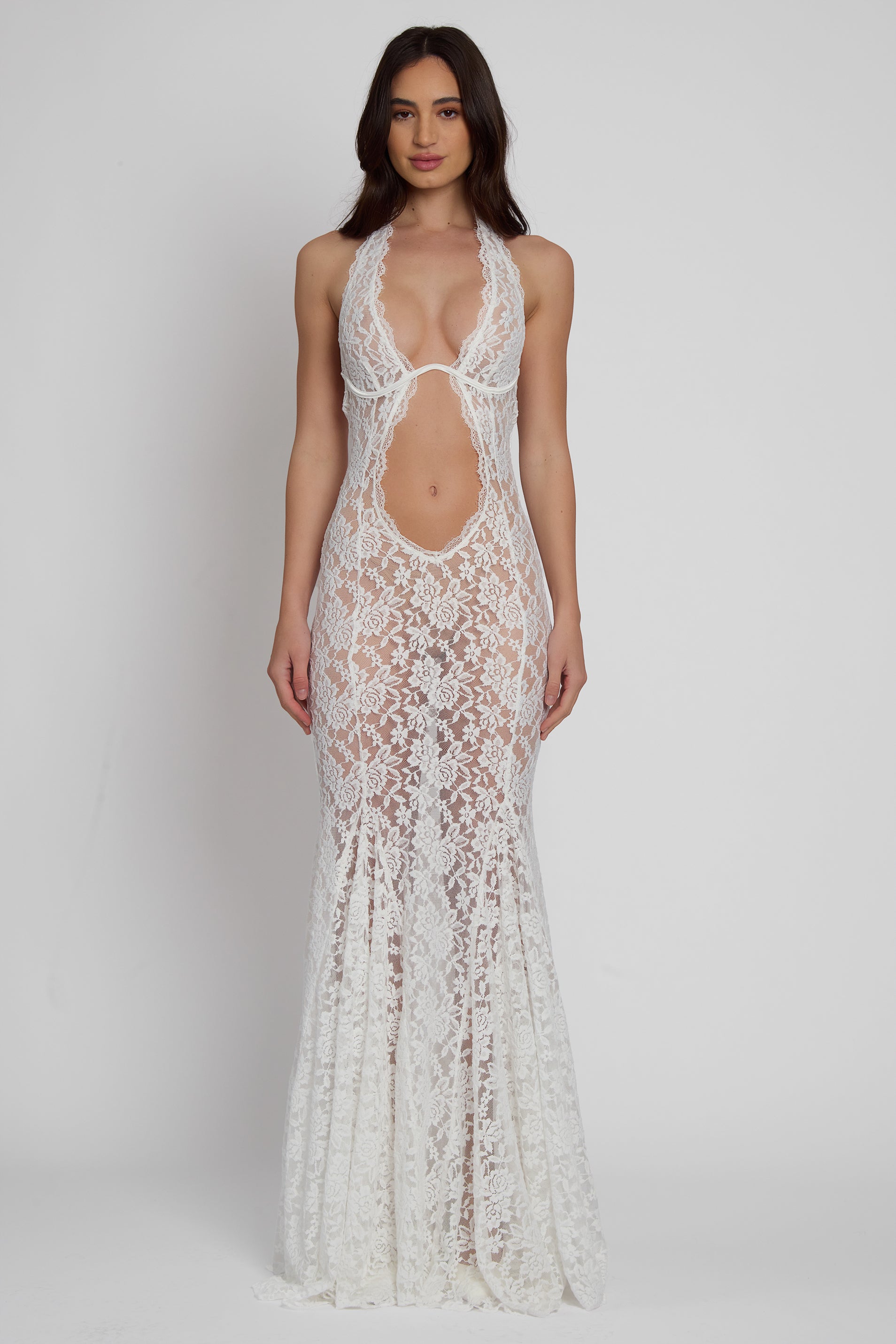 Model wearing Saltair Lace Bustier Maxi Dress in White, front view.