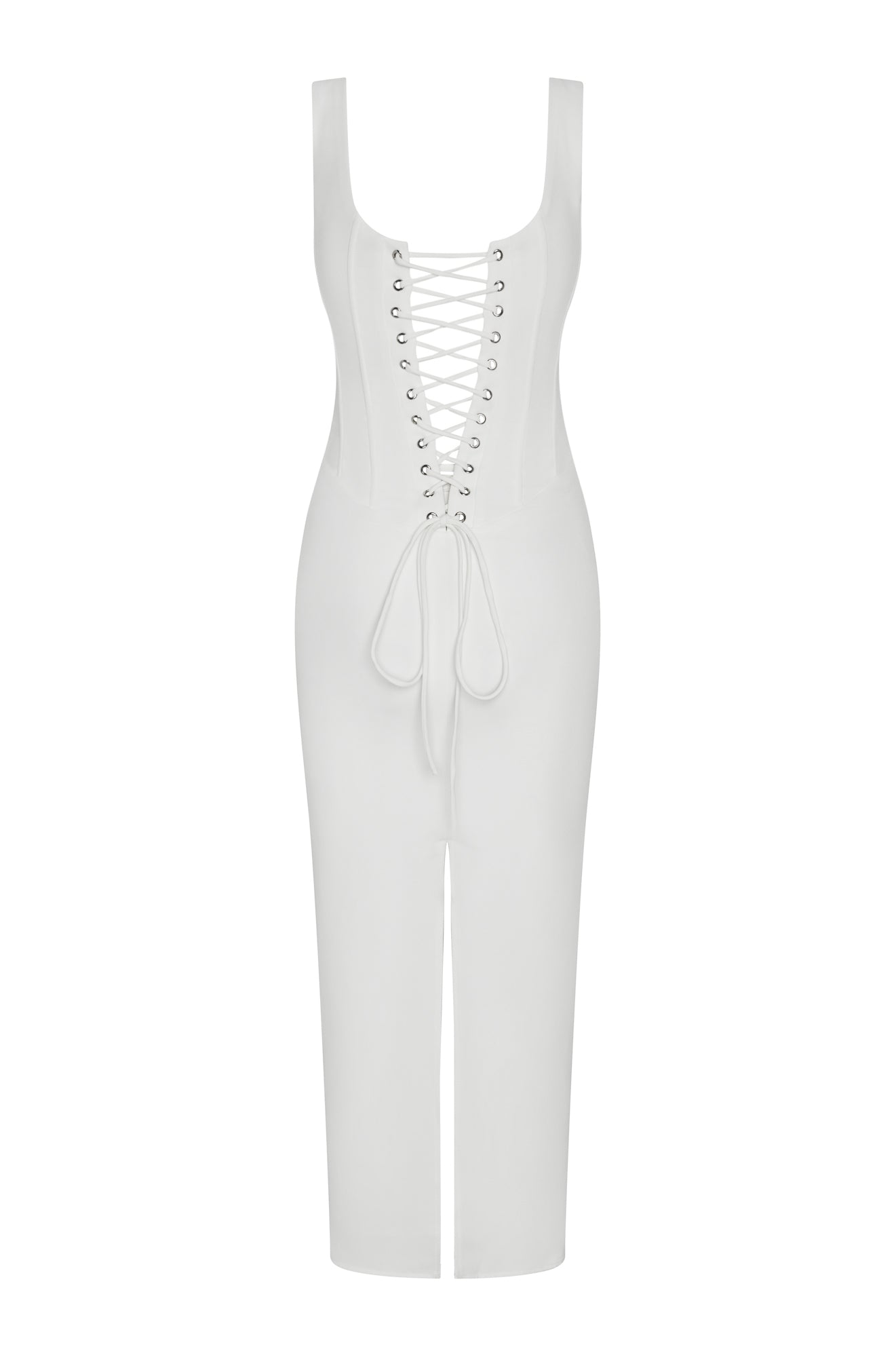 Sancia Corset Midi Dress in White, back view.