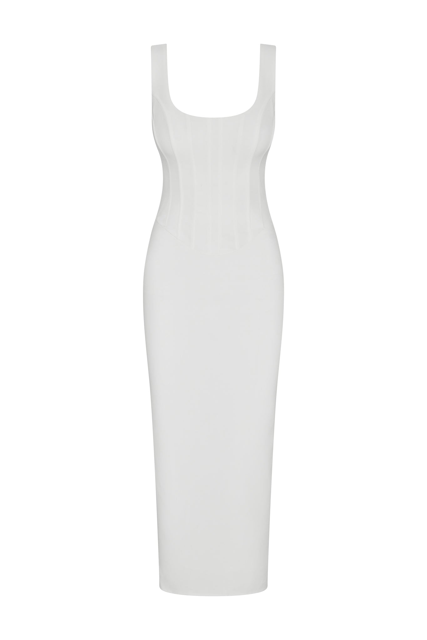 Sancia Corset Midi Dress in White, front view.