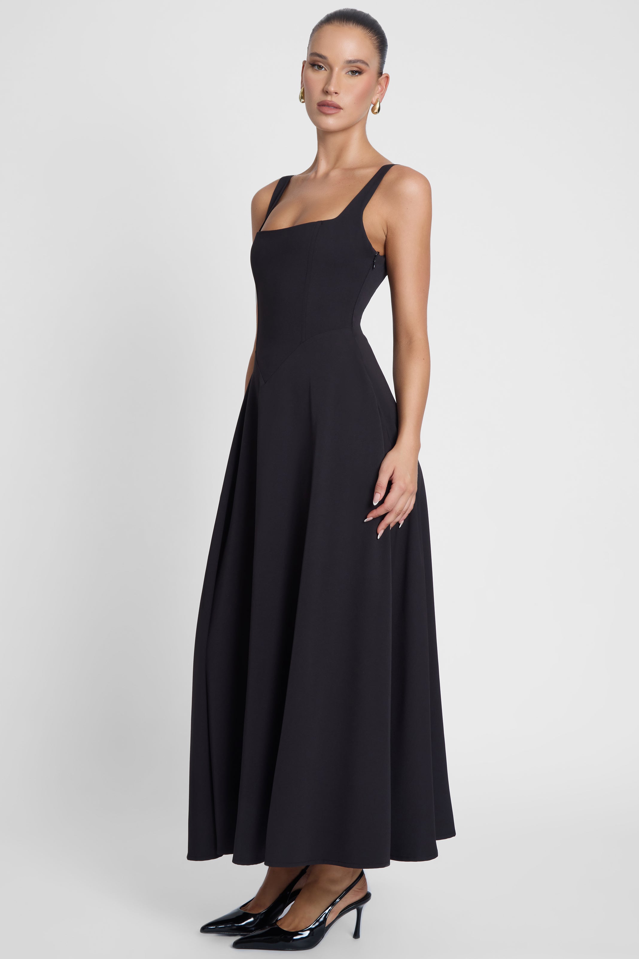Serenity Square Neck Corset Midi Dress - Black