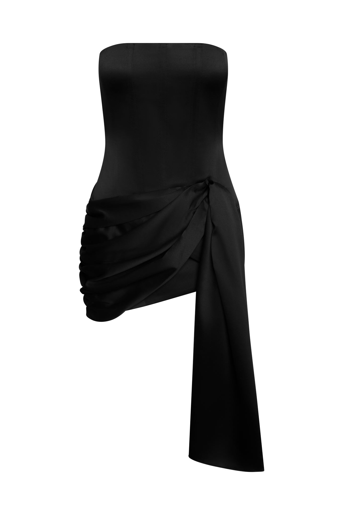 Solara Satin Corset Dress in Black, front view.