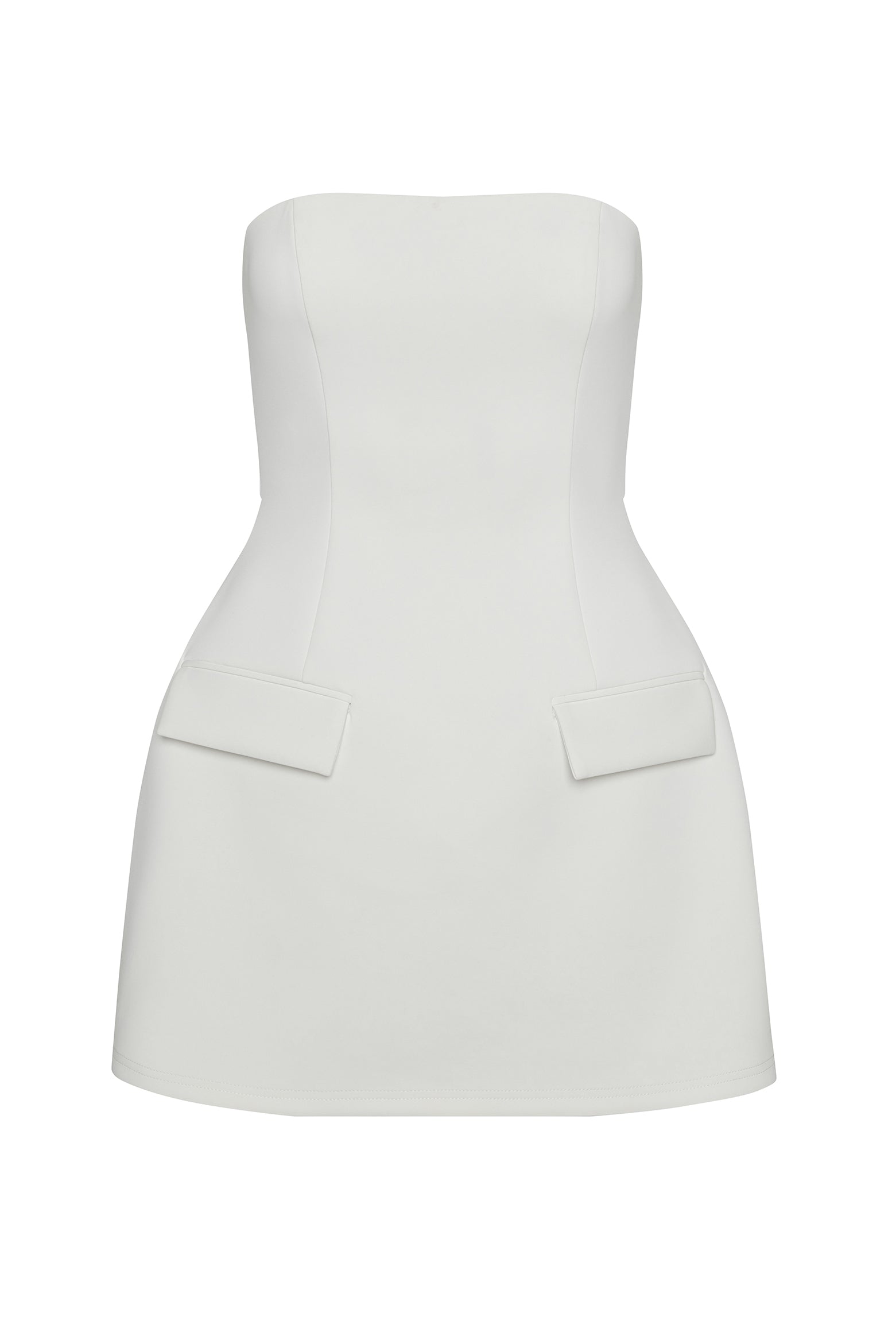 Solene Strapless Pocket Mini Dress in White, front view.